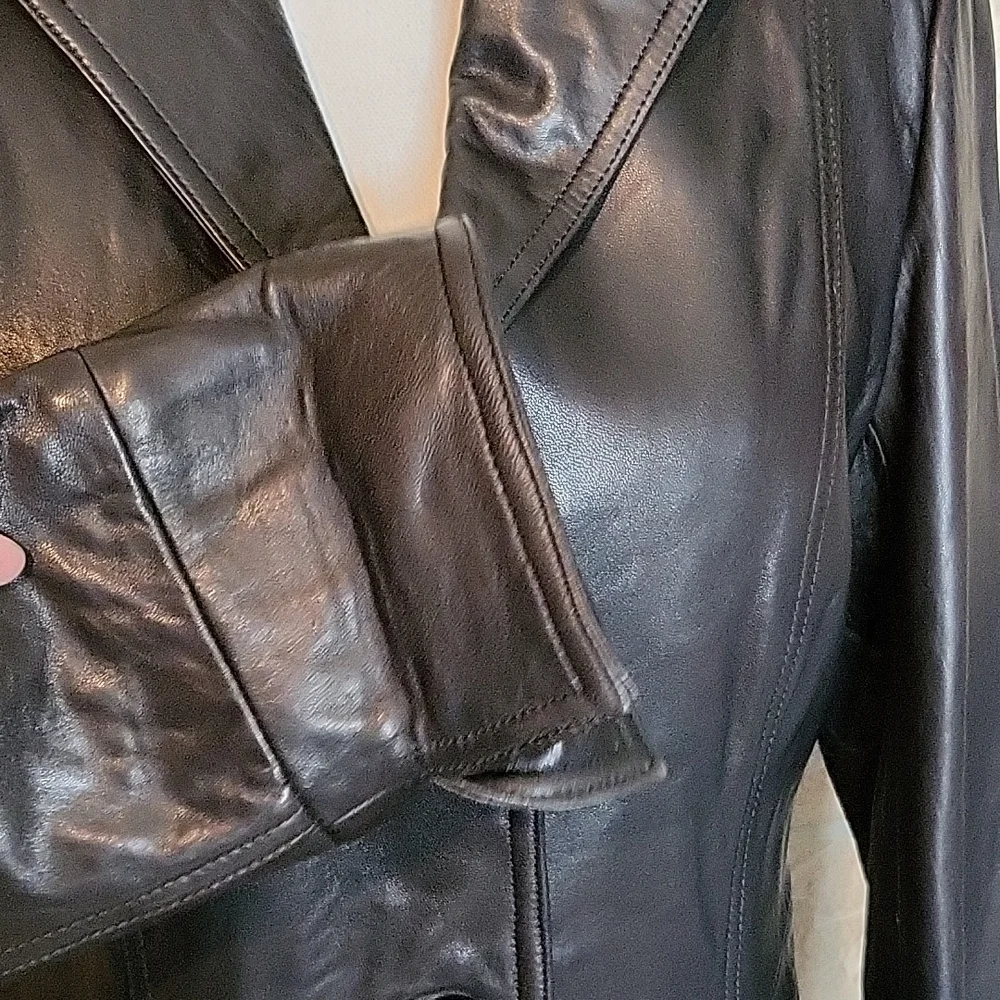 ROSLEEN Mid Length Soft Leather Jacket Belted Buttons - Picture 6 of 15